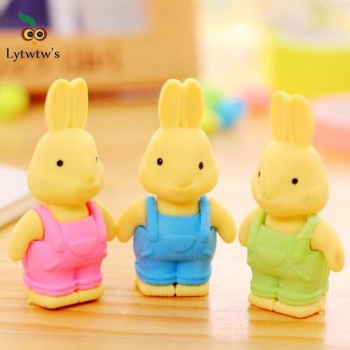 1Pcs Lytwtws Cute Kawaii Pencil Cartoon Overalls Bunny Rubber Eraser Kids School Office Stationery Supply Lovely Animal Erasers