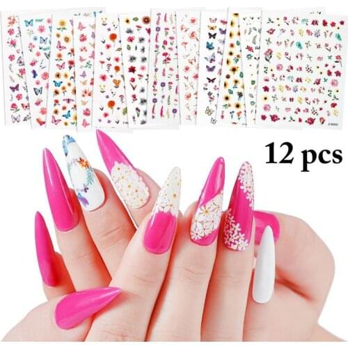 12 Sheets Kapmore Women Girls Butterfly Flower Nail Sticker Waterproof 3D Nail Decal Manicure Sticker DIY Manicure Tools