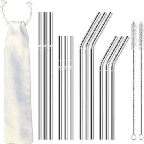 12pcs Reusable Stainless Steel Metal Straws for 30 oz and 20 oz Tumblers - 2 Cleaning Brushes Included