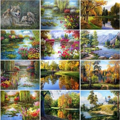 Diamond Painting Still Life Early Autumn Forest Scenery Beautiful Pond Lotus Leaf Lotus Water Grass Arch Bridge Wolf Decor Mural