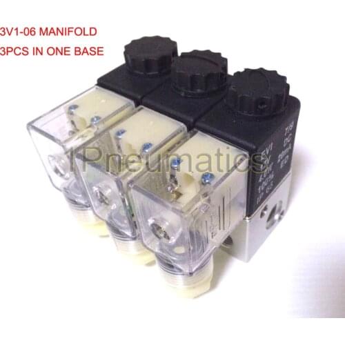 Free Shipping 3PCS Manifold 3V1-06-3F 3 way Pneumatic Aluminium solenoid valve 3V1-06 Port 1/8 3V1 Manifold Base Air Valve DC12V