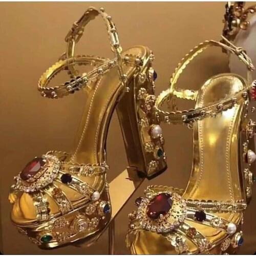 Luxury Gold Metallic Leather Chunky Heel Sandals Muti Gemstone Jewel Studded Square Heels High Platform Rhinestone Summer Sandal