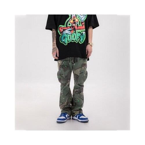 Hip Hop Casual Cargo Pant Men Distressed Camouflage Splashing Ink Pants Multi-Pocket Elastic Waist Drawstring Baggy Trousers New