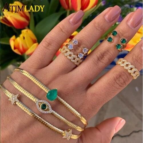 Gold Color 32+10cm European Women Jewelry 4MM Cuban Link Chain Green Tear Drop CZ Single Stone Herringbone Snake Chain Necklace