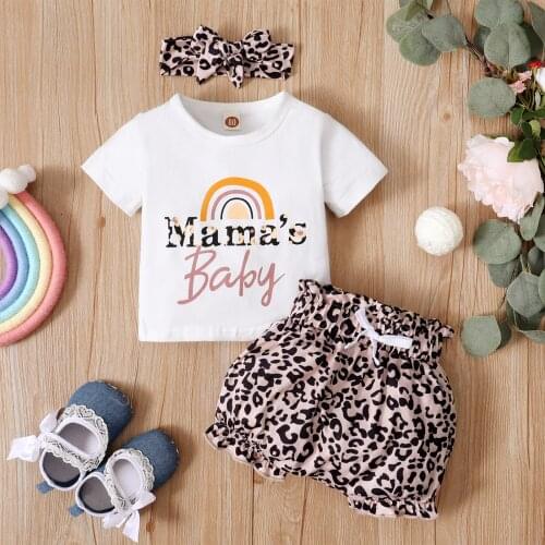 Children girl boy suit short-sleeved letter cartoon print top leopard print bow shorts headband three-piece suit