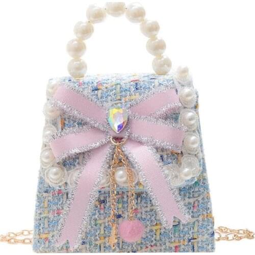 Canvas Kids Infant Messenger Bags Weaving Children Shoulder Bags Fashion Handbag for Baby Girls Pearl Toddler Girl Crossbody Bag