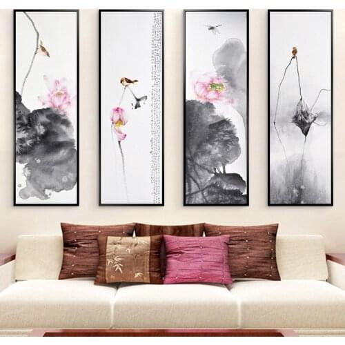 Unframed Chinese Ink Painting Style Canvas Art Print Painting of Lotus,Birds Stand on the Lotus,Dragonfly Fly over the Lotus