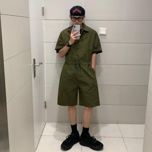 Fashion Women Men Short Sleeve Vintage Jumpsuits Korean Pattern Loose Solid Lapel Overalls Streetwear Vogue Laysuit Cargo Pants