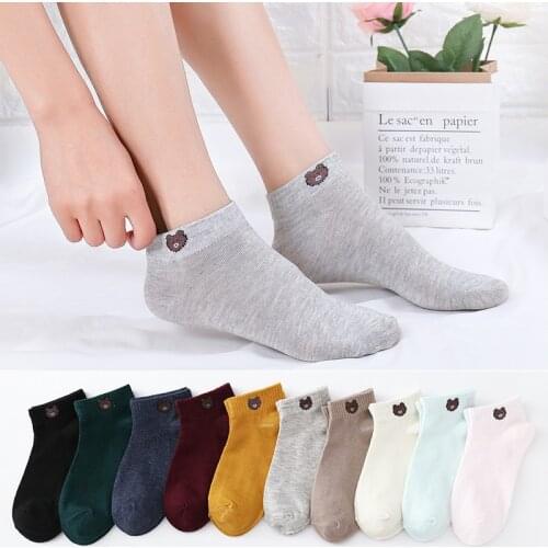 Summer Funny Socks Women Korean Kawaii Cartoon Bear Women Boat Socks Candy Color Cute Cotton Shallow Mouth Non Slip Pink Sox
