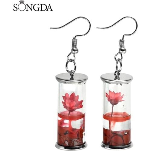 Fashion Immortal Dried Flowers Drift Bottle Earrings Handmade 3D Photo Glass Pendant Earrings For Favorite Woman Jewelry Gifts