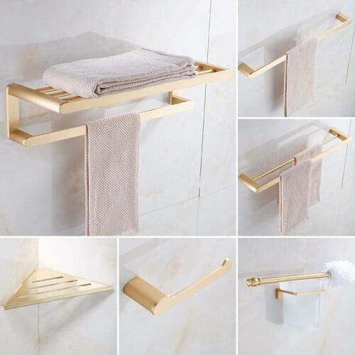 Bathroom Accessories Bath Hardware Set Brushed Gold Brass Towel Rack Paper Holder Toilet Brush Holder Towel Bar Bathroom Shelves