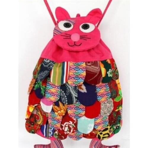 National wind New Design Cute Chinese Handmade Ethnic Retro Flax cat Backpack schoolbag