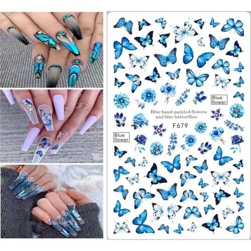 Butterfly Stickers Nail Art Blue Butterflies Flowers Rose 3D Adhesive Decals Acrylic Back Glue DIY Nail Manicure Slider Decor