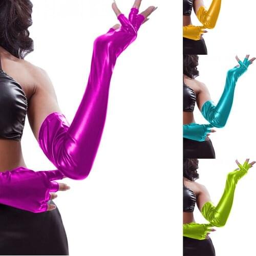 New Hot Pair Punk Hip-hop PU Half-finger Gloves Fashion Fingerless Pole Dance Leather Metallic Gloves long style Elbow Gloves