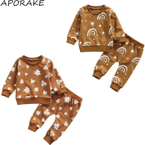 2021 0-3Y Autumn Kids Baby Boy Girl Clothes Set Rainbow Sun/Floral Print Long Sleeve Sweatshirt+Harem Pants Toddler Casual 2pcs