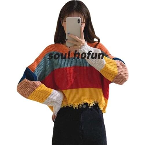 Autumn Fall Rainbow Short Sweater for Women Striped Tassel Pullover Sweet Style V-Neck Knitted Sweaters School Girl Teen Jumper