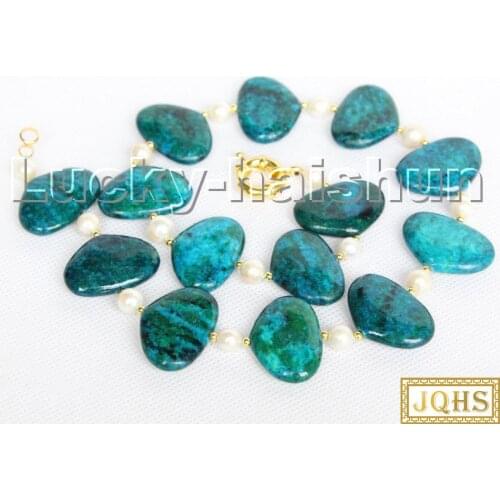 Natural 18" 30mm oval block-shaped Azurite chrysocolla white pearl necklace c207