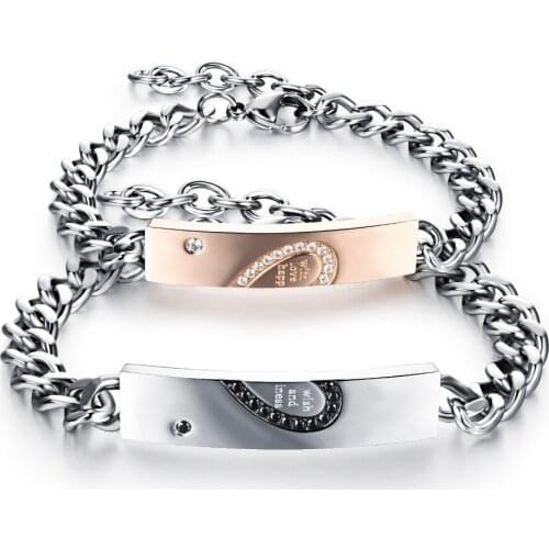 Romantic inlay CZ Heart Stainless Steel Bangles Bracelet For couple chain Wristband party Jewelry Valentines Day Lover' Gift