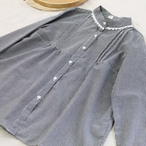Lamtrip Lacing Edge Peter Pan Collar Plaid Cotton 100% Preppy Style Girl Long Sleeve Shirt Blouse 2021