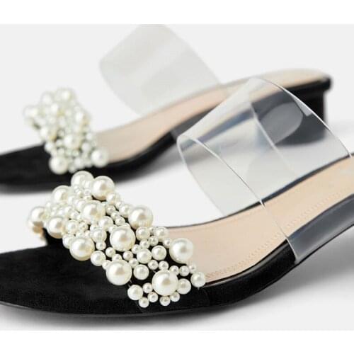 Pearl Transparent Word Belt Mid-Heel Sandals Women Summer New All-Match Empty Open-Toed Slippers