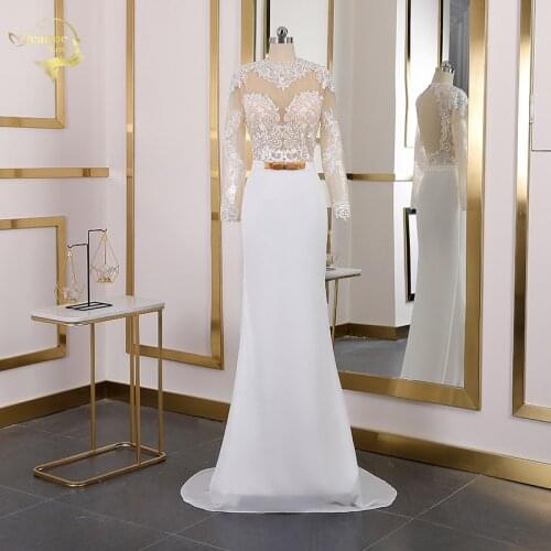 Sexy Backless Evening Dress 2020 New Mermaid Evening Gowns High Collar Illusion Long Sleeves Lace Saudi Arabic Formal Party Gown