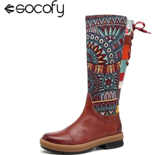Socofy Vintage Mid-calf Boots Women Shoes Bohemian Retro Genuine Leather Motorcycle Boots Printed Side Zipper Back Lace Up Botas