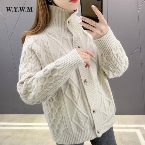 WYWM Autumn Winter Turn-down Collar Knitted Cardigans Sweater Women Vintage Turtleneck Long Sleeve Coat Ladies Loose Female Tops