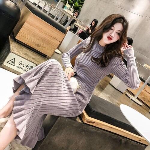 Knitted fishtail dress in autumn and winter long section over-the-knee slim-fit woolen bag hip thickened base sweater dress