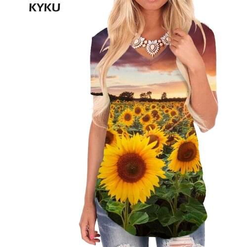 KYKU Sunflower T-shirt women Cloud Shirt Print Romantic Tshirts Printed Sun V-neck Tshirt Womens Clothing Fashion Casual Tops