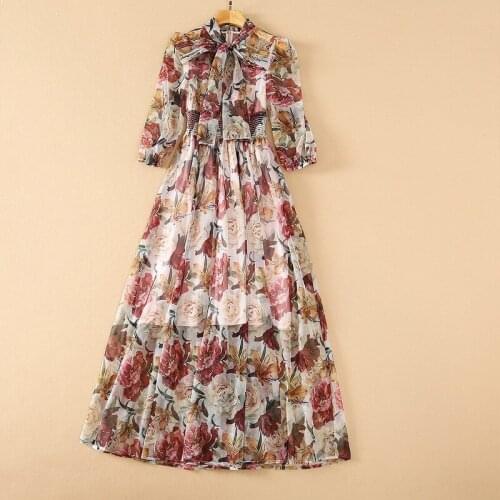 Europe and the United States womens clothing New Summer 2021 Three-quarter sleeve bow collar floral print Fashion slim dress