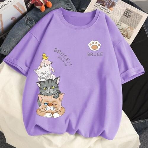 Women Cotton T-Shirts 2021 New Summer T-Shirts Harajuku Lovely Cat Anime Style Short Sleeved T-Shirt Plus Size S-5XL Women Tops