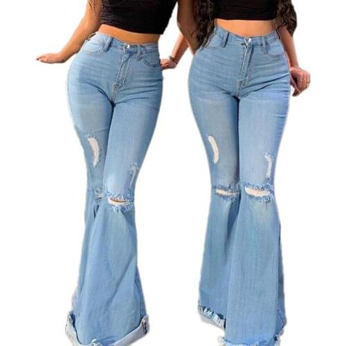 Women Bell Bottom Pants Fashion Slim High Waist Distressed Jeans Lady Sexy Push Up Ripped Hole Tassel Wide Leg Jeans