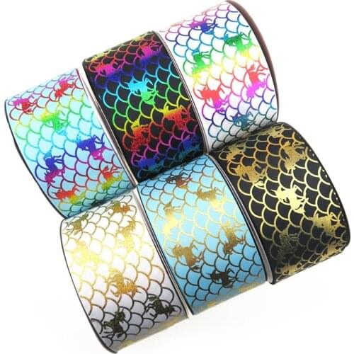 100Y/lot 75mm 3" gold foil hologram rainbow foil unicorn mermaid scale printed polyester grosgrain ribbon welcome custom order