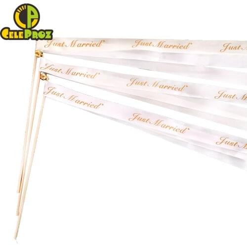 20Pcs Ivory White Wedding Ribbon Stick Just Married Printed Ribbon Wands Wedding Photo Props Wedding Ribbon Stick With Bell