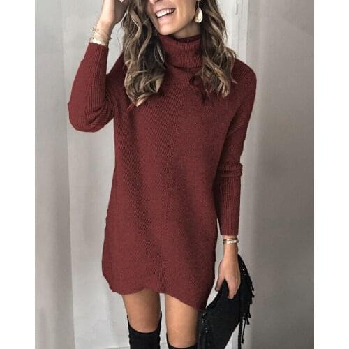 2020 Women Turtleneck Sweater Dress Autumn Fashion Knit Sweater Hollow Pullover Sweater Dress Elegant Dress For Girl Black Dress