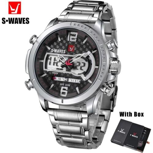 SWAVES Wristwatch Mens Stainless Steel Waterproof Military Watch Men Clock Dual Display LCD Digital Analog Reloj Hombre With Box
