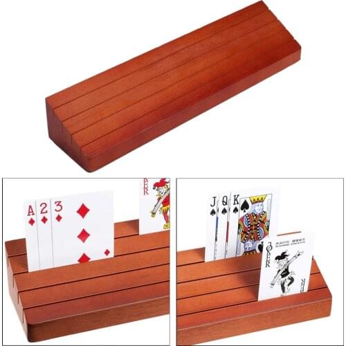 Felt Lined Bottom Wooden Playing Card Holder Seat Hands Free Game Cards Stand Rack with 4 Slots