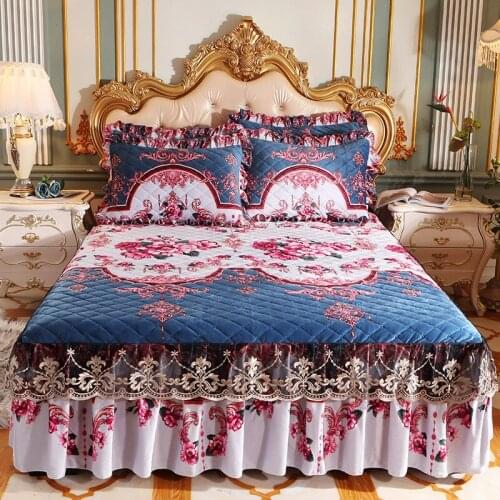 European Luxury Winter Soft Thicken Crystal Velvet Quilted Bed Skirt Queen King Size Flannel Bedspread Not Including Pillowcase
