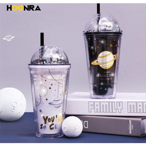 HOONRA Fashion Space Plastic Water Bottle With Straw Cartoon Space Leak-proof Straw Cups School Students Drinkware Couple Gifts
