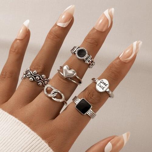 Tocona 6pcs/sets Vintage Silver Color Heart Ring Sets for Women Men Black Rhinestone Geometry Open Ring Jewelry Anillo 20107