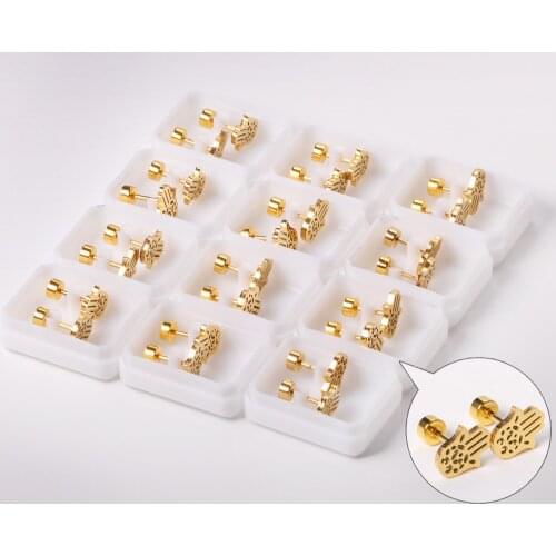 12 Pairs 316L Stainless Steel Hand Earrings Hollow Pattern Gold Color Small Ear Stud for Women Vintage Party Gift Jewelry