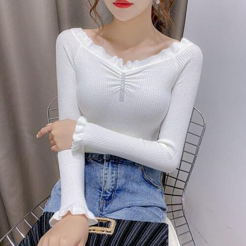 Autumn and winter new style v-neck pullover to carry the ball diamond-studded fashion slim long-sleeved top knitted sweater