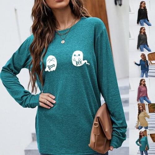 Autumn round neck womens Halloween cute pattern printing long-sleeved loose womens T-shirt Slim simple womens clothing