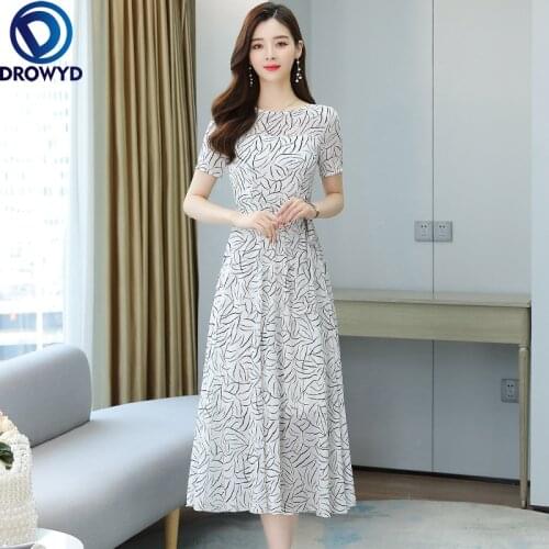 Chffion Woman Dress Short Sleeve Round Neck Ladies Office Fashion New 2021 White Elegant A-Line Dress Long Dresses For Women