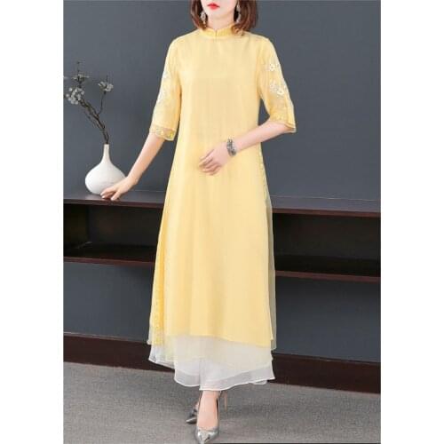 New autumn original Chinese tea style flower Embroidered big size mandarin collar button Cheongsam loosen dress for women