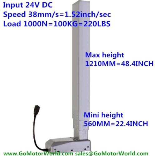 Lifting column 24V 1000N load 38mm/s 650mm stroke 560mm mini height 1210mm max height for electric height desk furniture leg