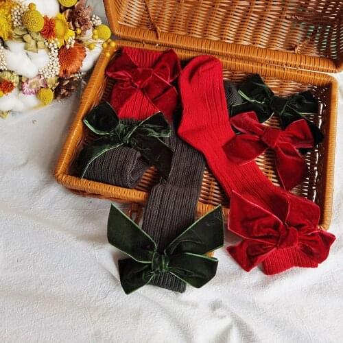 Spring Winter Baby Socks With Big Bow Red Green Christmas Stockings For Todder Girls Soft Warm Knee High Socks For Kids Gift