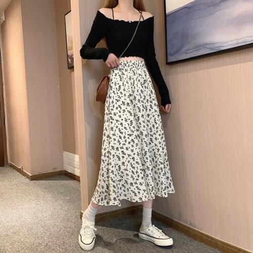 Vintage Floral Print Black Pleated Chiffon Long Skirts Summer Autumn Women Korean A-line Causal Elastic Waist Midi Skirt