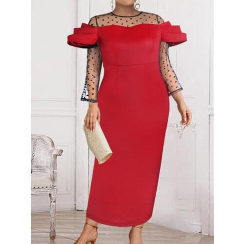 Vintage Women Red Party Dress Polka Dots Mesh Patchwork Long Sleeve Elegant Lady Summer Birthday Outfits Dinner Evening Events
