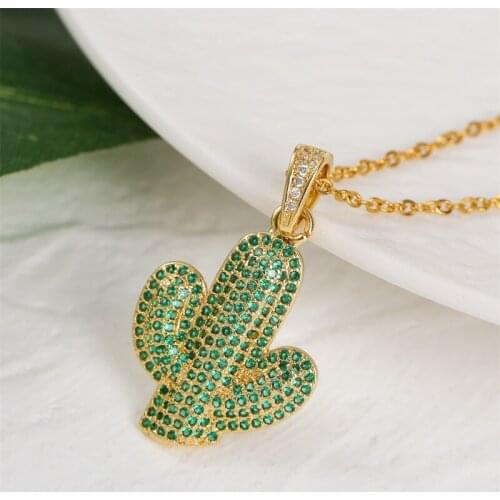 Fashion Copper Metal Green Zircon Cubic Zirconia Cactus Pendants Necklaces For Women Gold Color Stainless Steel Chain Necklace